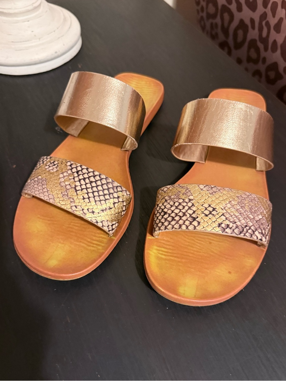 BAMBOO Metallic Gold Snake-Print Double Strap Slide Sandals